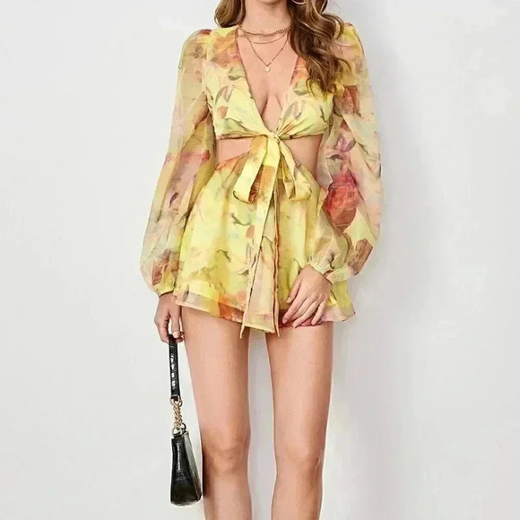 Multicolor Boho Lantern Sleeve Knot Cutout Waist Chiffon Romper - Picture 2 of 5